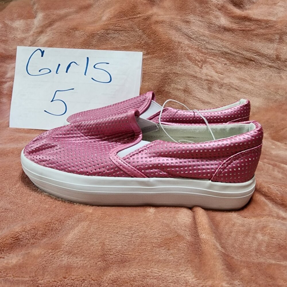 Girls Size 5 Piper Pink Shiny Dazzle Sparkling Flatform Slip On Shoes NWD